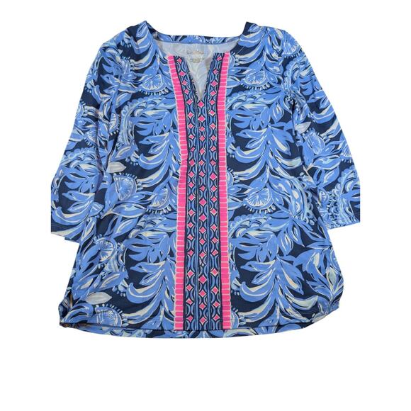 Lilly Pulitzer Karina Blue Pink 3/4 Sleeve Tunic Zanzibar Fish UPF 50 Size Large - Picture 3 of 7